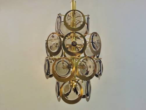 Vistosi vintage brass & optical glass discs chandelier, 1960`s ca, Italian